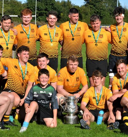 Buccaneers players celebrate their Connacht Senior League title triumph