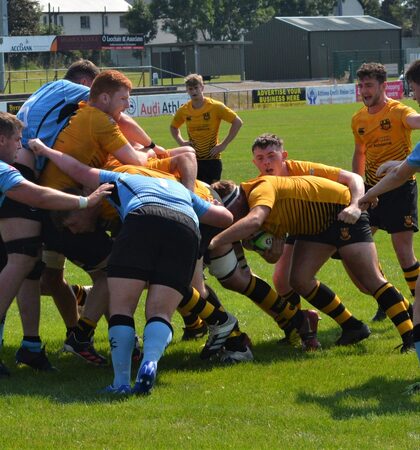 Try scorer Sean O'Connell has the ball firmly in his grasp as Buccaneers maul their way over the Galwegians line