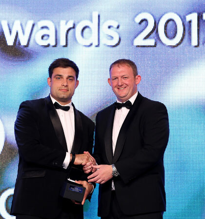 Ronan Loughney is presented with the Vodafone Medal for Excellence by Lutfu Kipaci 10/5/2017