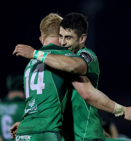 Connacht’s Darragh Leader with Tiernan O'Halloran 27/10/2017