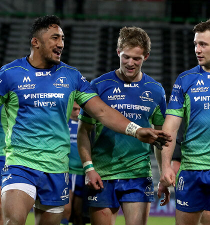 Bundee Aki, Kieran Marmion and Jack Carty celebrate after the game 9/12/2017