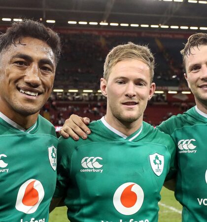 Bundee Aki with Kieran Marmion and Jack Carty after the game 31/8/2019