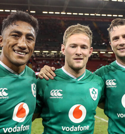 Bundee Aki with Kieran Marmion and Jack Carty after the game 31/8/2019