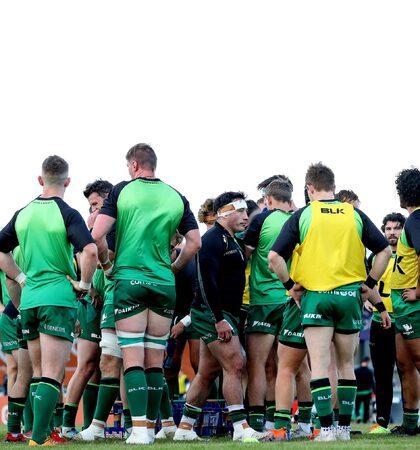 The Connacht team huddle during the warm-up 8/5/2021